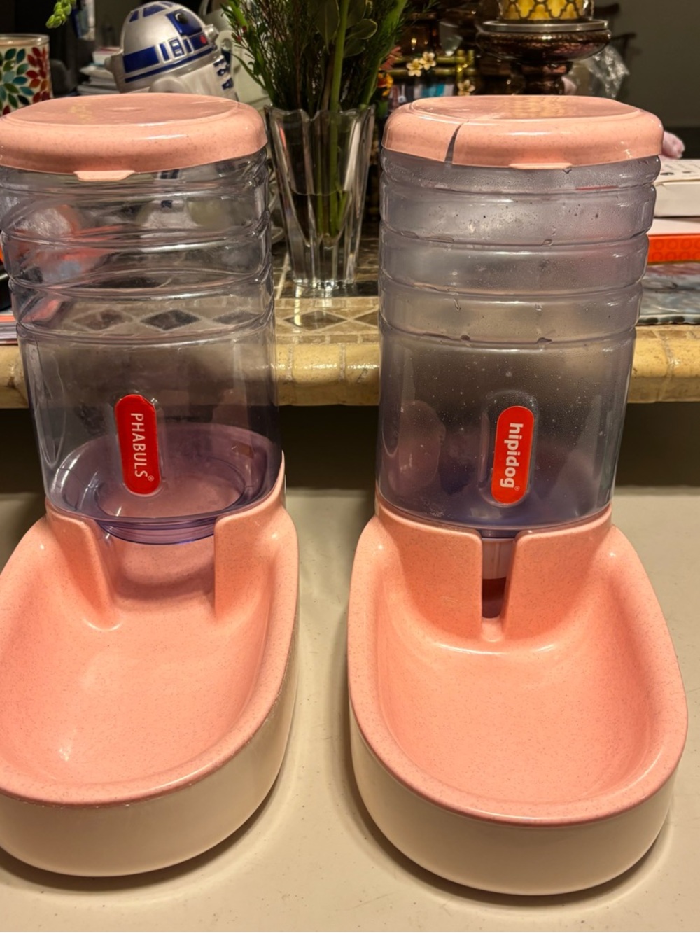 Pink Self-Dispensing Pet Water/Food Fountain Pair used see comments. 15.00